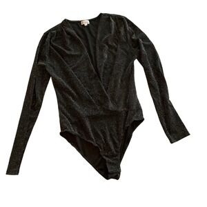 Kit + Sky Black Silver Metallic Sparkle Wrap Long Sleeve Bodysuit Women L